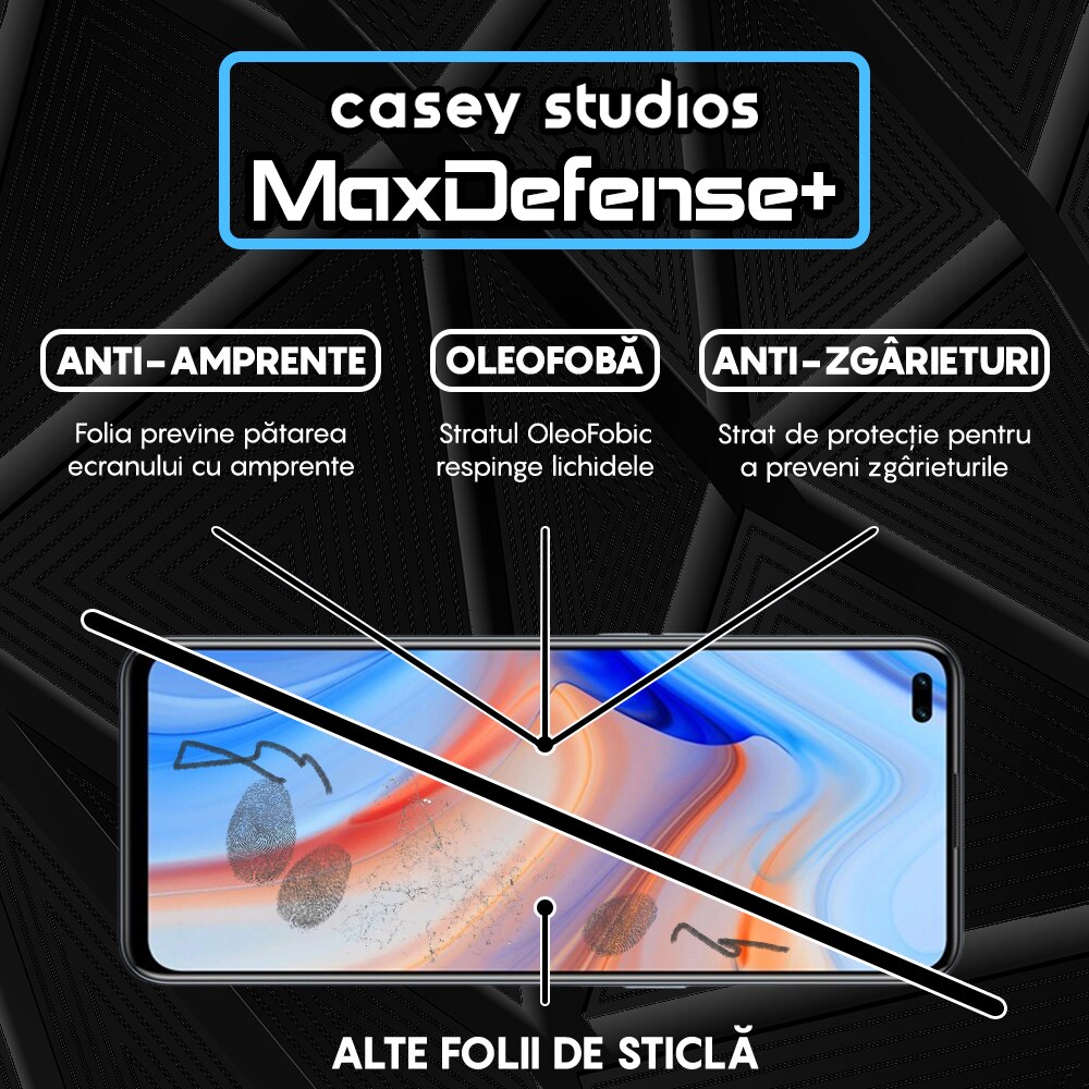 Folie Sticla CASEY STUDIOS™ compatibila cu Oppo Reno4 Lite, MaxDefense+, Anti Zgarieturi, Full Glue, Full Cover 3D, Protectie Ecran 3D, Duritate Ridicata, Margini Negre
