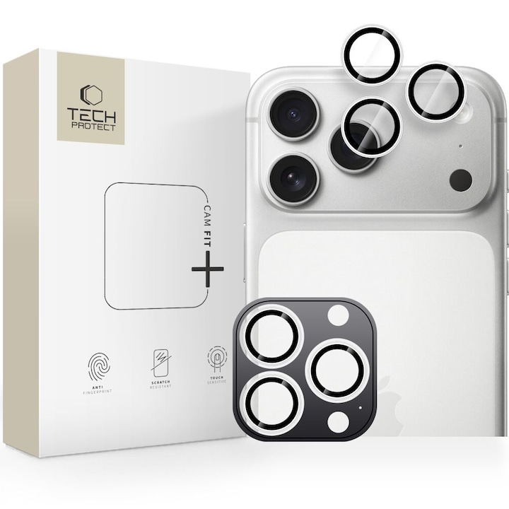 Set protectie sticla camera foto Tech-Protect Camring Fit Plus compatibil cu iPhone 14 Pro / 14 Pro Max / 15 Pro / 15 Pro Max / 16 Pro / 16 Pro Max / 17 Pro / 17 Pro Max, Silver