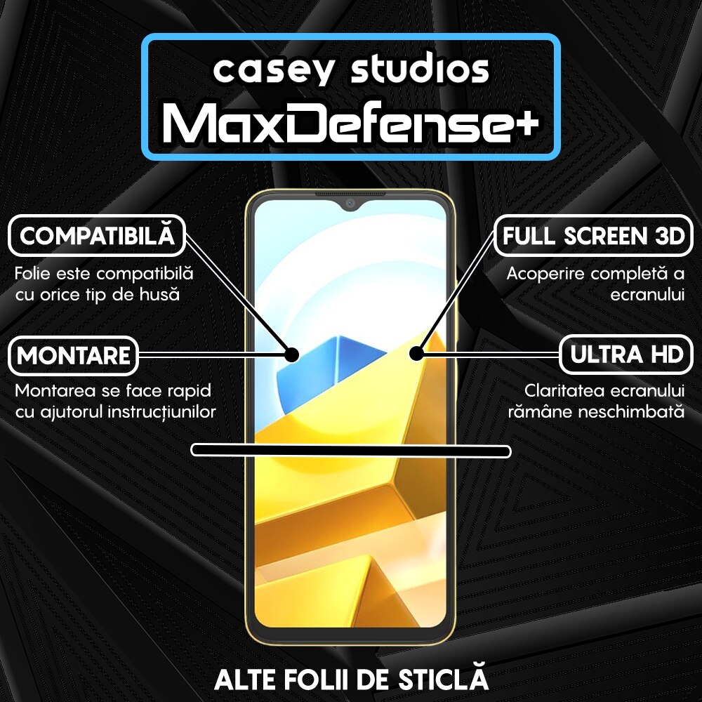Folie Sticla CASEY STUDIOS™ compatibila cu Xiaomi Poco M5, Full Cover 3D, Full Glue, Duritate Militara, Ultra HD, Anti Zgarieturi, Anti Socuri, Margini Negre