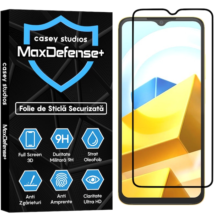 Folie Sticla CASEY STUDIOS™ compatibila cu Xiaomi Poco M5, Full Cover 3D, Full Glue, Duritate Militara, Ultra HD, Anti Zgarieturi, Anti Socuri, Margini Negre