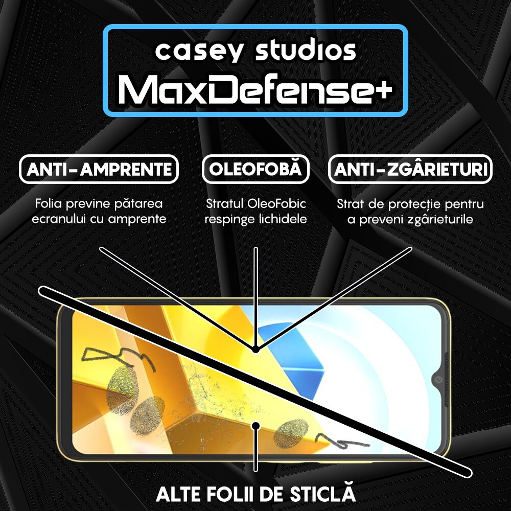 Folie Sticla CASEY STUDIOS™ compatibila cu Xiaomi Poco M5, Full Cover 3D, Full Glue, Duritate Militara, Ultra HD, Anti Zgarieturi, Anti Socuri, Margini Negre