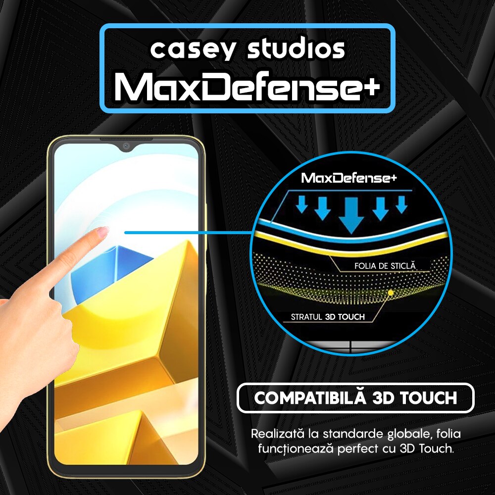 Folie Sticla CASEY STUDIOS™ compatibila cu Xiaomi Poco M5, Full Cover 3D, Full Glue, Duritate Militara, Ultra HD, Anti Zgarieturi, Anti Socuri, Margini Negre