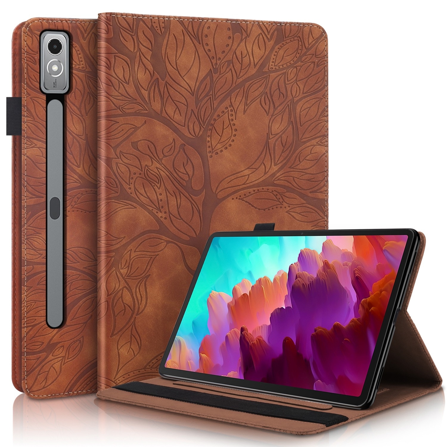 Husa tableta pentru Lenovo Tab P12 / Xiaoxin Pad Pro 12.7 2023, serie Life Tree din piele cu deschidere orizontala (maro)