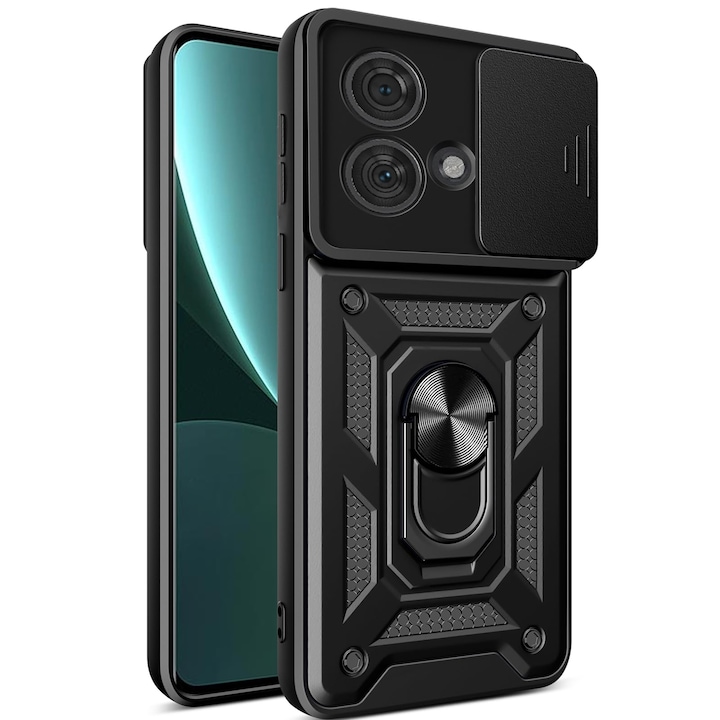 Husa telefon, pentru Motorola Edge 40 Neo 5G Capac de obiectiv al camerei glisante, inel rotativ 360°, Negru