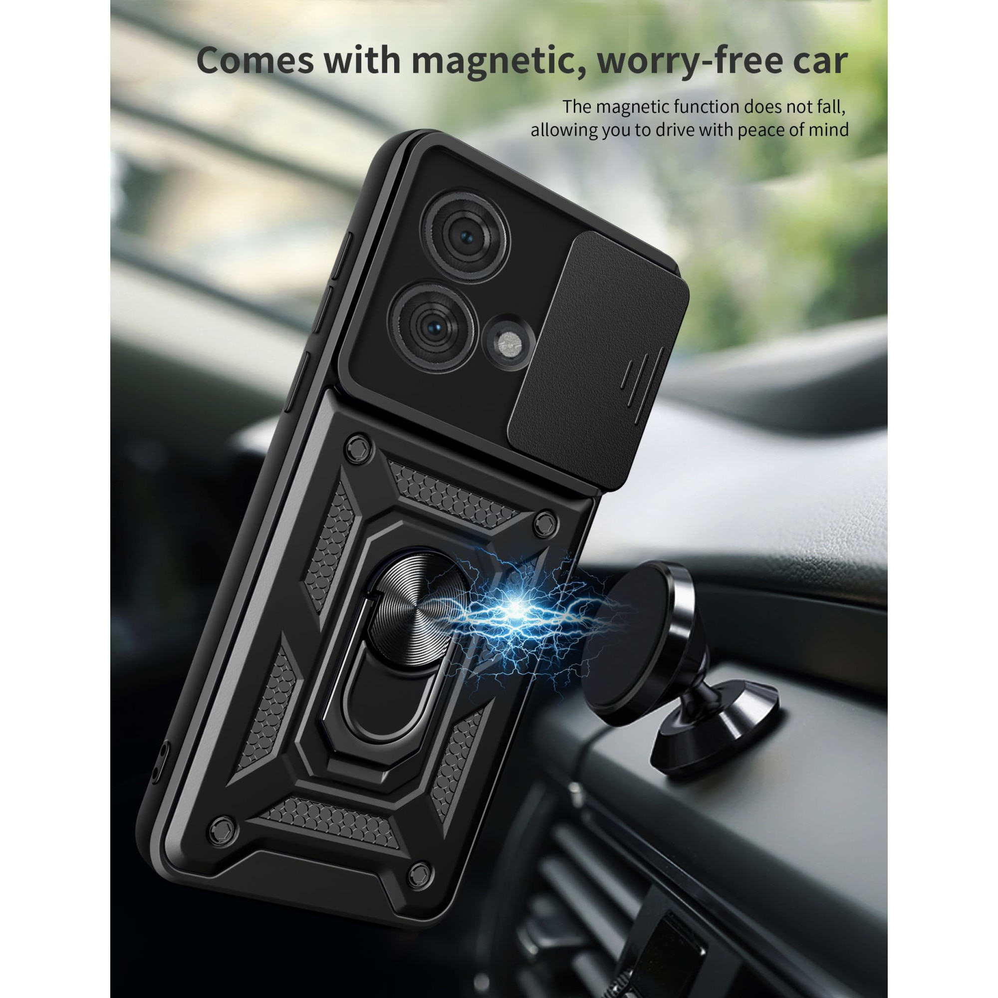 Husa telefon, pentru Motorola Edge 40 Neo 5G Capac de obiectiv al camerei glisante, inel rotativ 360°, Negru
