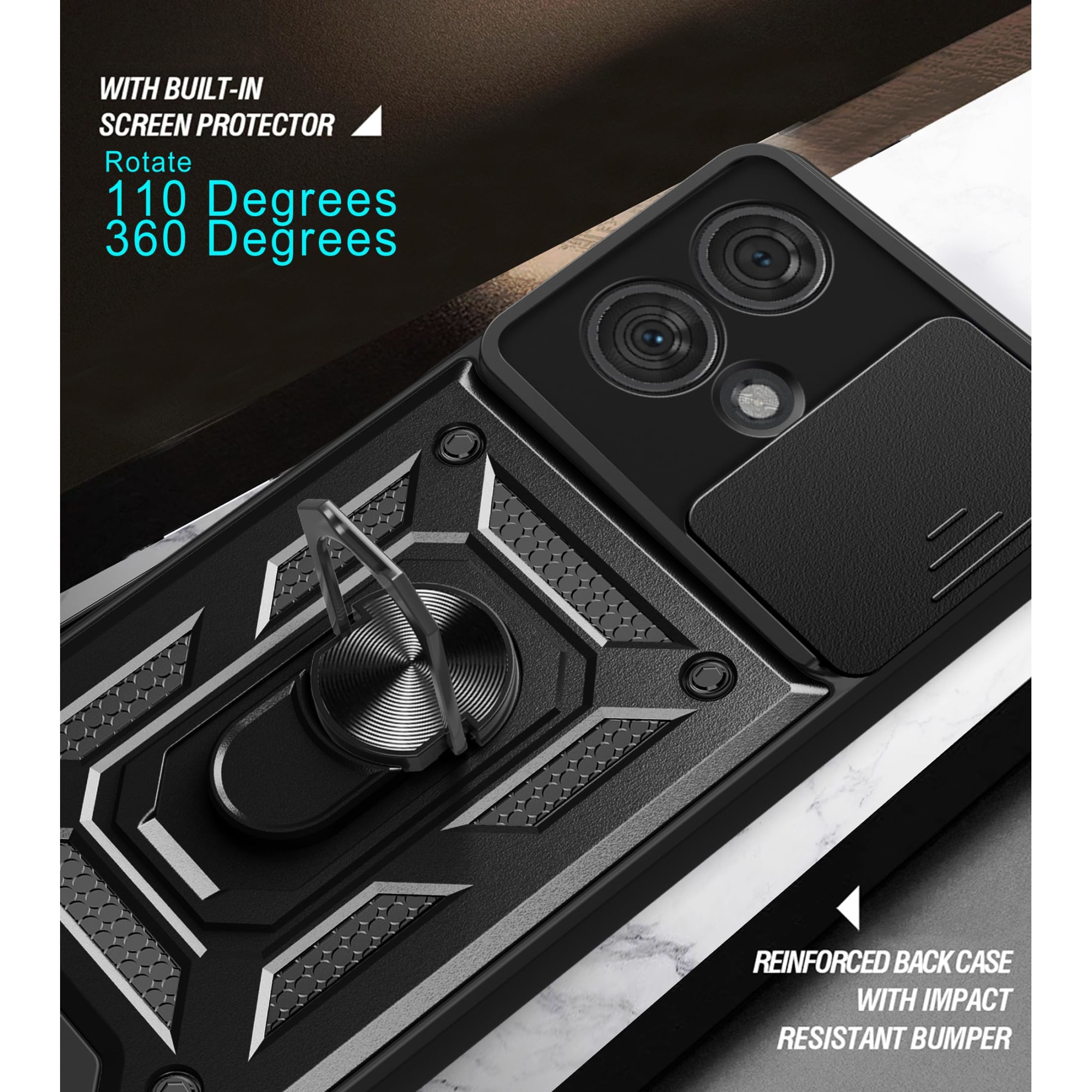 Husa telefon, pentru Motorola Edge 40 Neo 5G Capac de obiectiv al camerei glisante, inel rotativ 360°, Negru