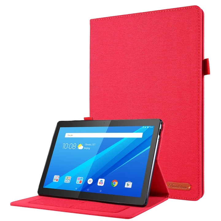 Husa tableta pentru Lenovo Tab P10 10.1, material textil TPU, design plan, protectie, acces porturi, rosu
