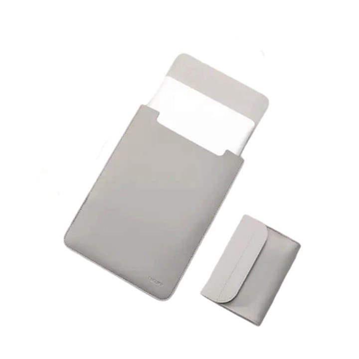 Mapa si mini geanta marca THD, protectie si transport laptop Apple Macbook Air (M2) 13.6 inch si Apple Macbook Air (M1) 13.3 inch, piele ecologica, gri
