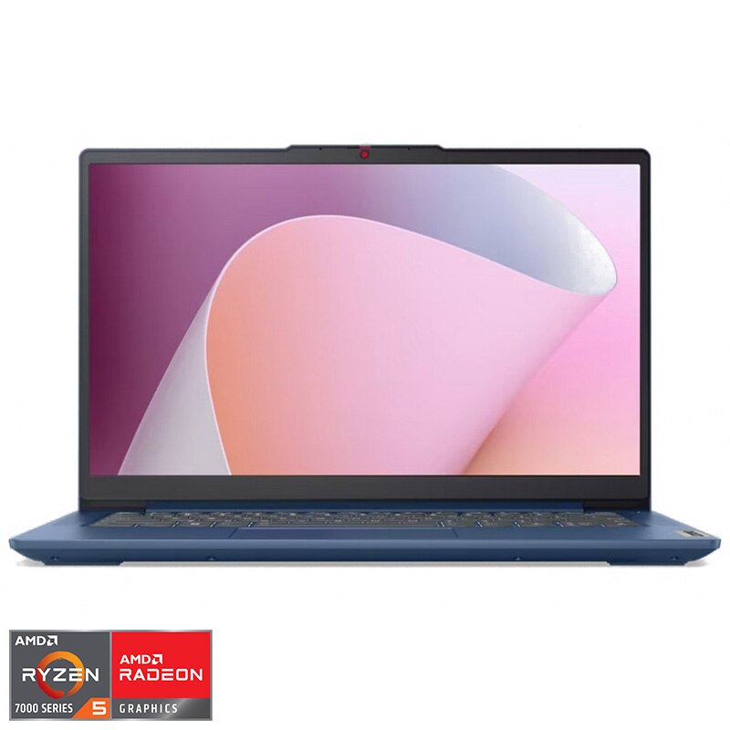 Laptop Lenovo IdeaPad Slim 3 14ABR8 cu procesor AMD Ryzen™ 5 7530U pana la 4.5 GHz, 14", Full HD, IPS, 8GB, 512GB SSD, AMD Radeon™ Graphics, No OS, Abyss Blue
