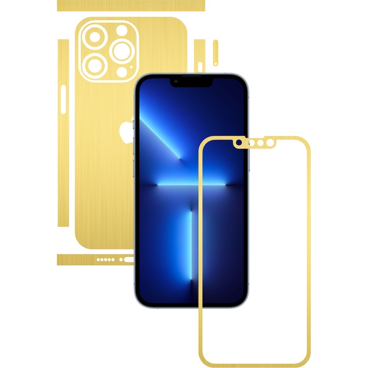Folie Protectie Carbon Skinz pentru Apple iPhone 13 Pro Max - Brushed Auriu Split Cut, Skin Adeziv Full Body Cover pentru Rama Ecran, Carcasa Spate si Laterale