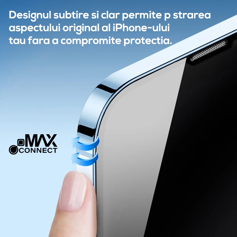 Folie OG Privacy MAX CONNECT, Compatibila iPhone 14 Pro Max, Protectie Profesionala Ecran 3D, Full cover, Duritate 9H, Sensibilitate Tactila, Acoperire Oleofoba
