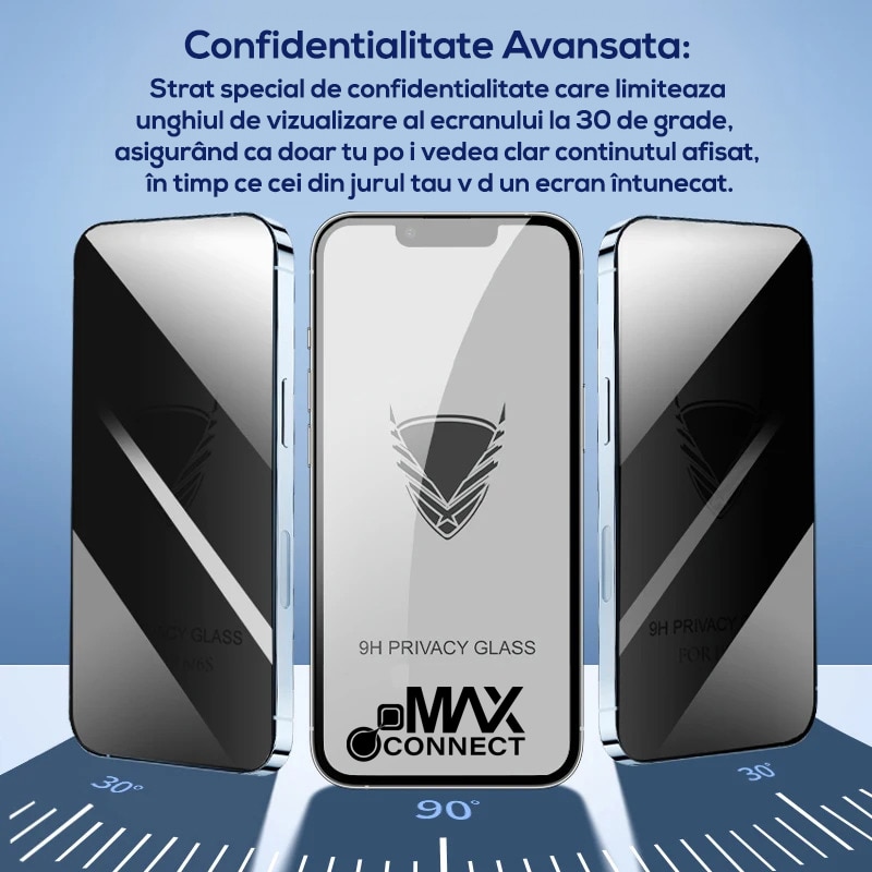 Folie OG Privacy MAX CONNECT, Compatibila iPhone 14 Pro Max, Protectie Profesionala Ecran 3D, Full cover, Duritate 9H, Sensibilitate Tactila, Acoperire Oleofoba