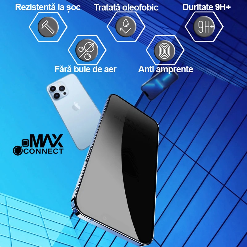 Folie OG Privacy MAX CONNECT, Compatibila iPhone 14 Pro Max, Protectie Profesionala Ecran 3D, Full cover, Duritate 9H, Sensibilitate Tactila, Acoperire Oleofoba