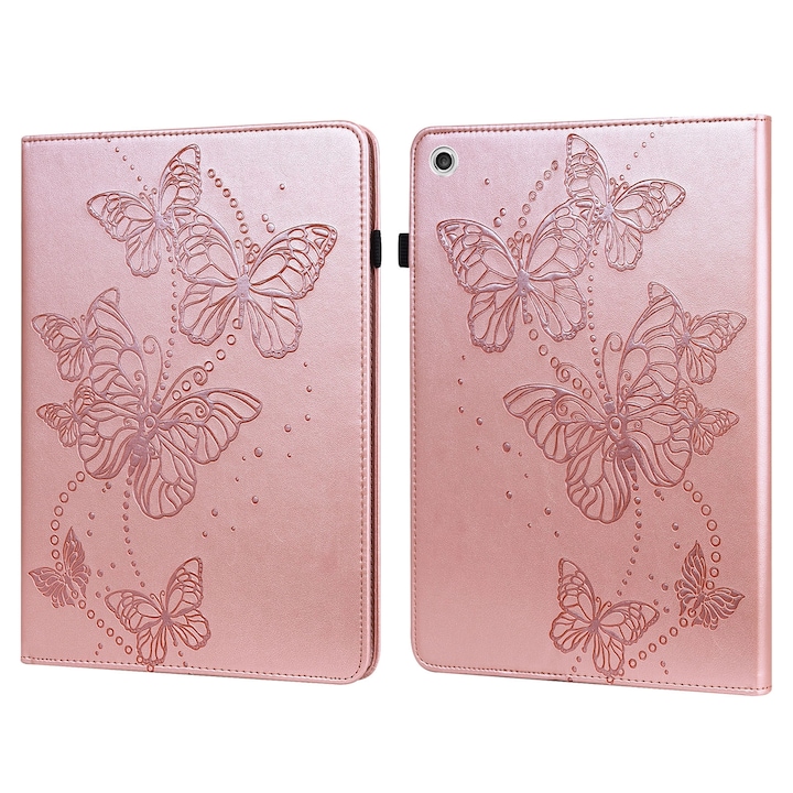 Husa tableta pentru Lenovo Tab M10 TB-X505L / TB-X505F / TB-X605L / TB-X605F & P10 TB-X705F / TB-X705L, tip carte cu model de fluture in relief, din piele, roz