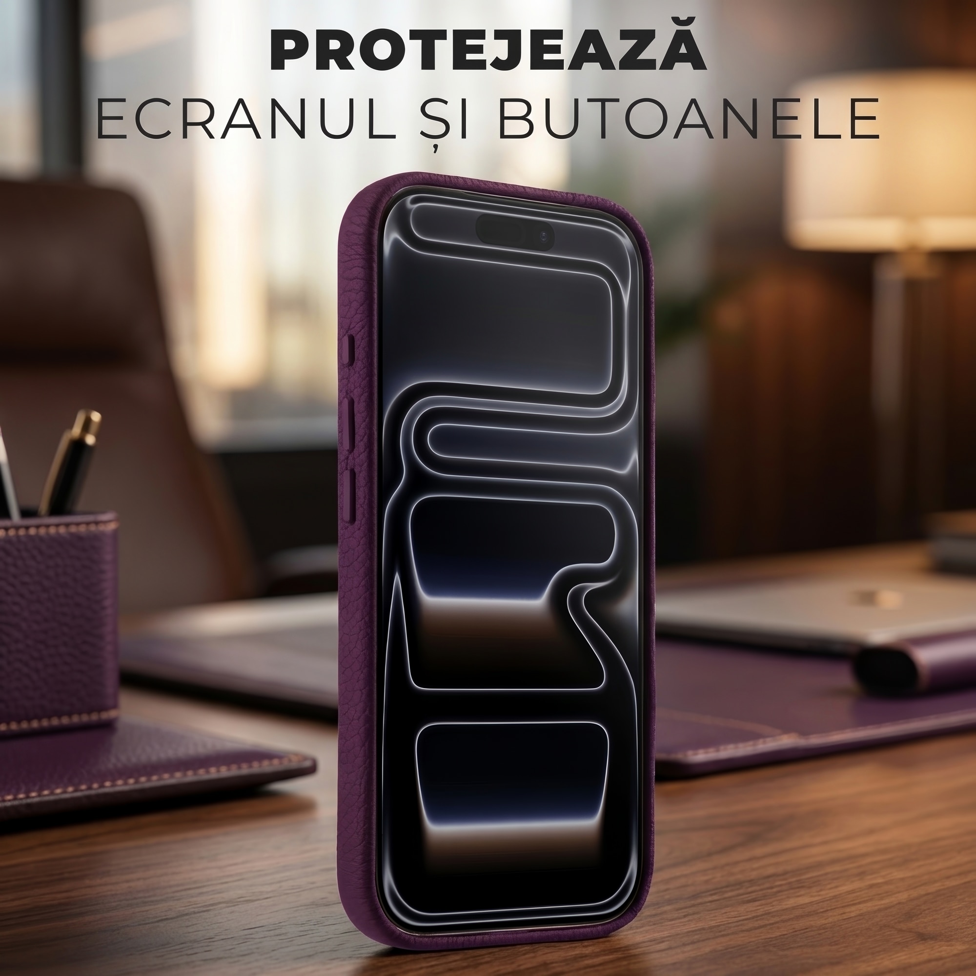Husa Daden din piele naturală pentru iPhone 17 Pro, Magsafe, protecție Action Button, Mov, handmade