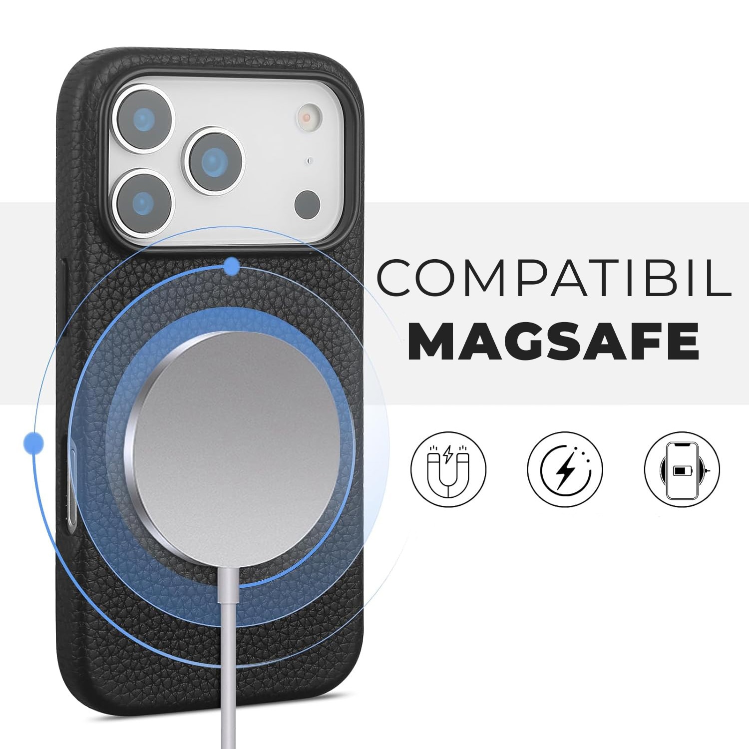 Husa Daden din piele naturală pentru iPhone 17 Pro, Magsafe, protecție Action Button, Mov, handmade