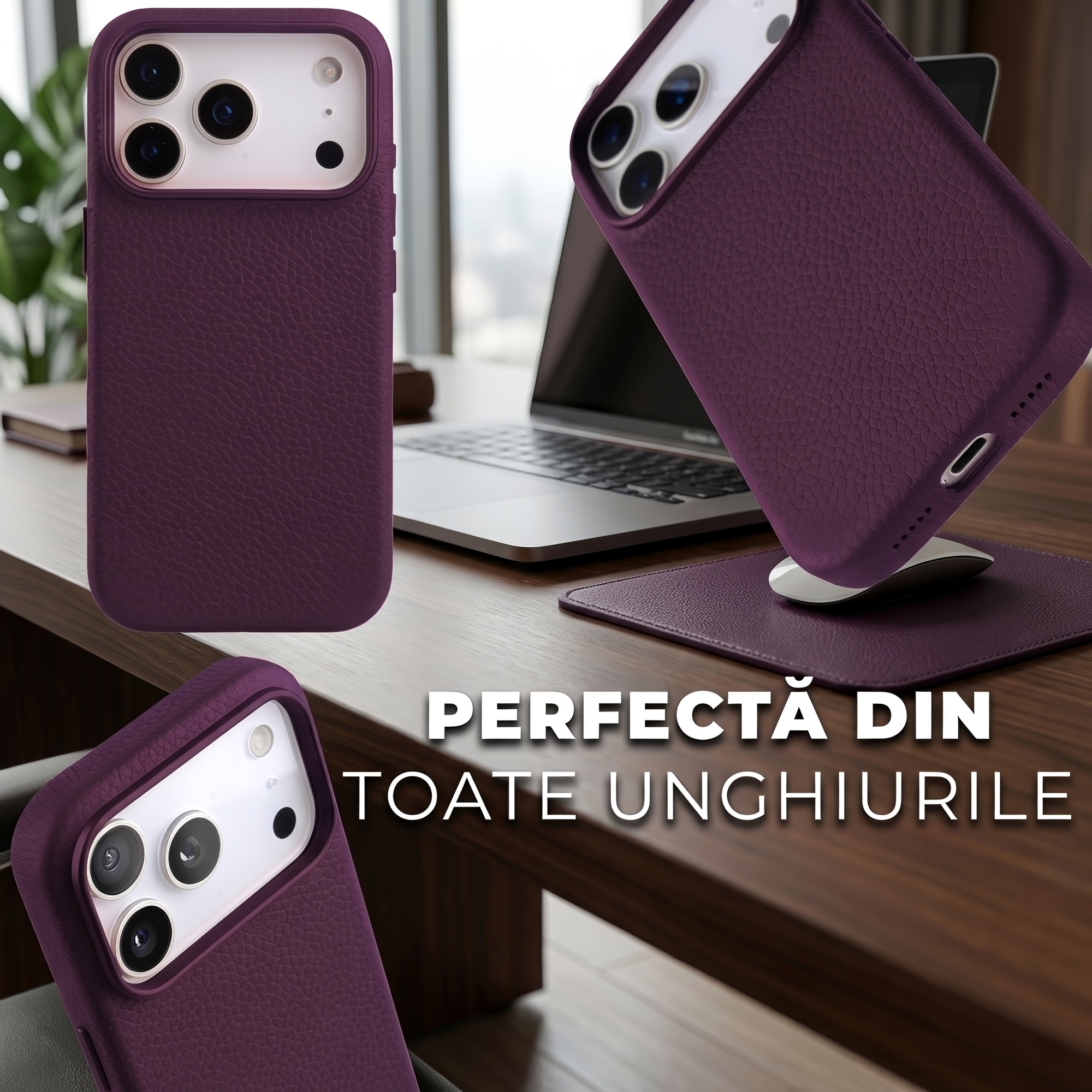 Husa Daden din piele naturală pentru iPhone 17 Pro, Magsafe, protecție Action Button, Mov, handmade
