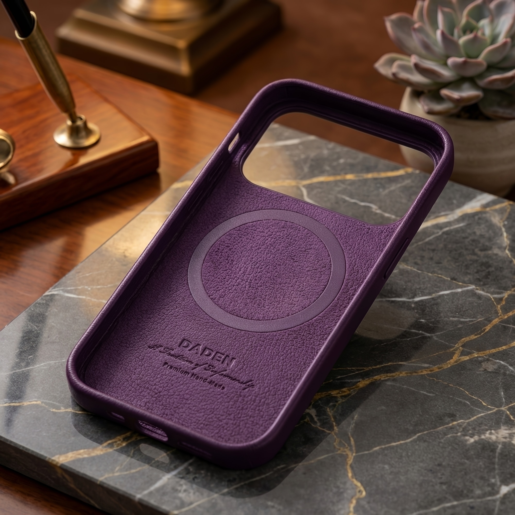 Husa Daden din piele naturală pentru iPhone 17 Pro, Magsafe, protecție Action Button, Mov, handmade