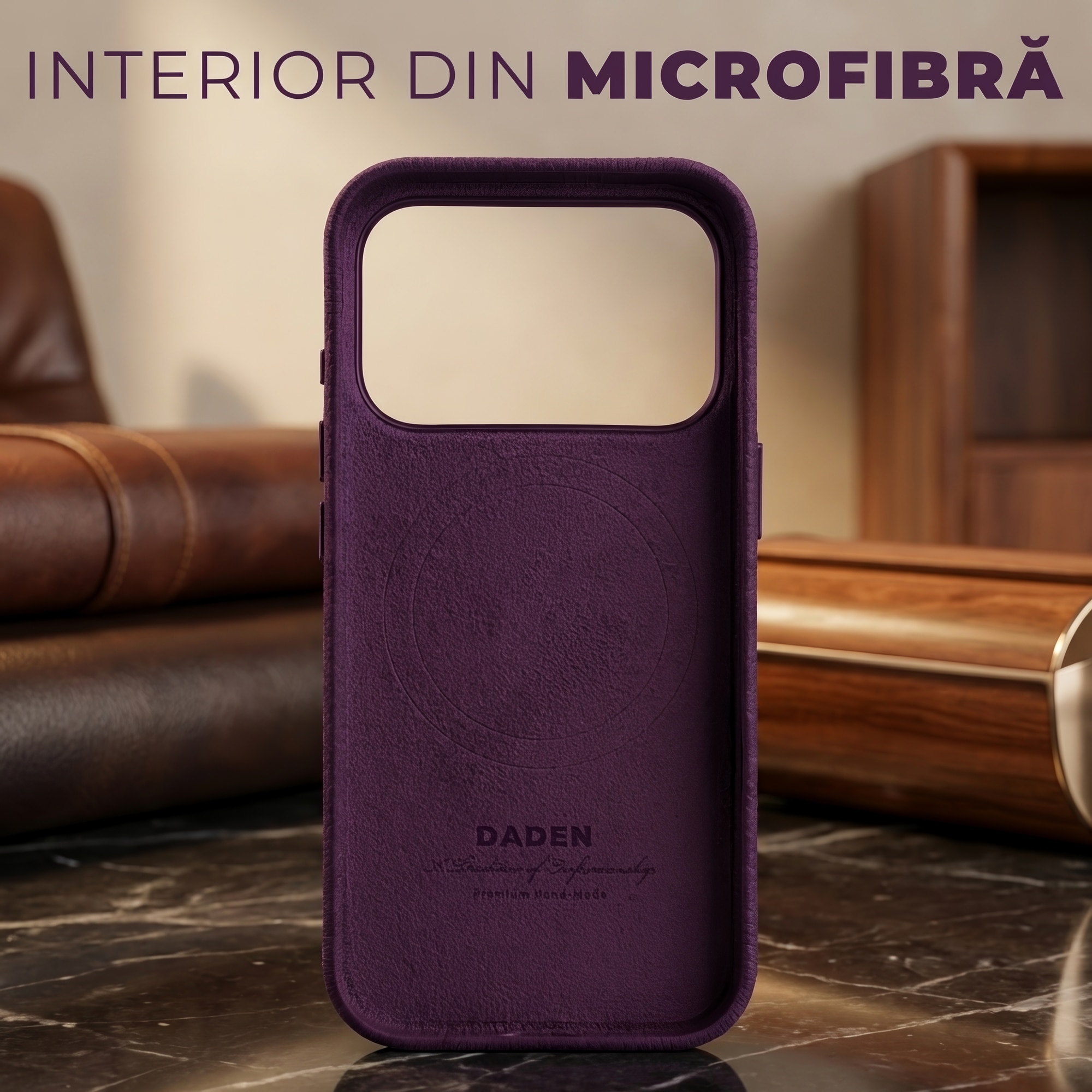 Husa Daden din piele naturală pentru iPhone 17 Pro, Magsafe, protecție Action Button, Mov, handmade