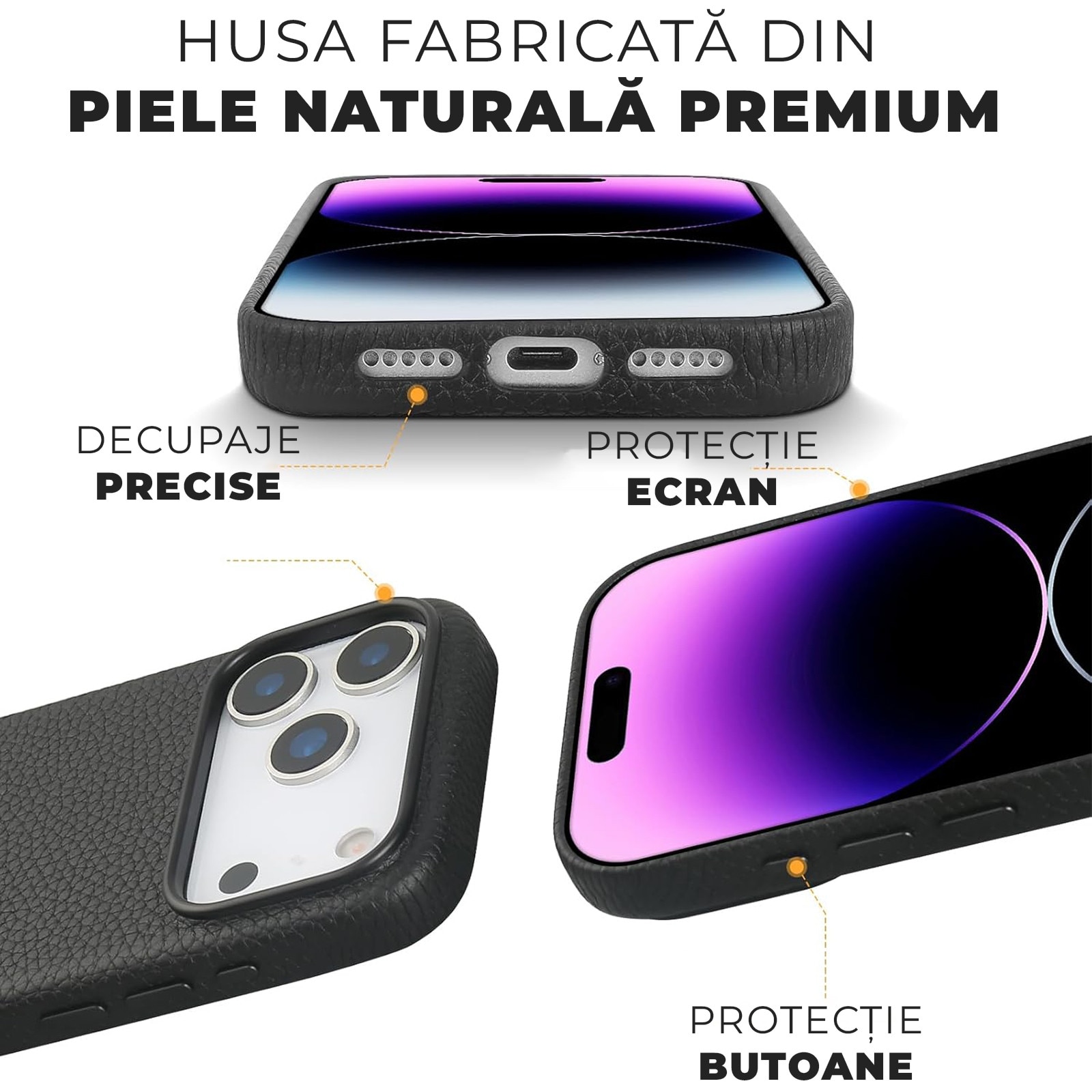 Husa Daden din piele naturală pentru iPhone 17 Pro, Magsafe, protecție Action Button, Mov, handmade