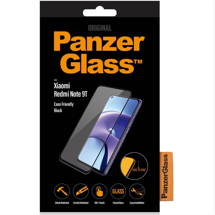 Folie de protectie PanzerGlass din sticla pentru Xiaomi Redmi Note 9T, Transparenta / Rama Neagra
