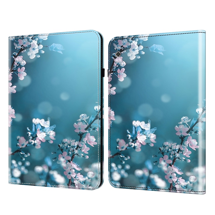 Husa tableta pentru Huawei MediaPad T5 10.1, piele texturata cu design pictat, cu suport, inchidere magnetica, protectie anti-zgarieturi, compatibila cu tabletele 10.1 inch, Pruna Bossom