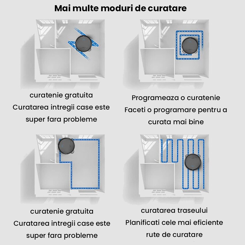 Aspirator robotizat, Aiorber, compatibil cu Wi-Fi, baterie de 3000 mAh, cos de gunoi etans de 510 ml, capabil sa aspire, sa mature si sa sterge, incarcare automata, controlat prin aplicatie, albastru