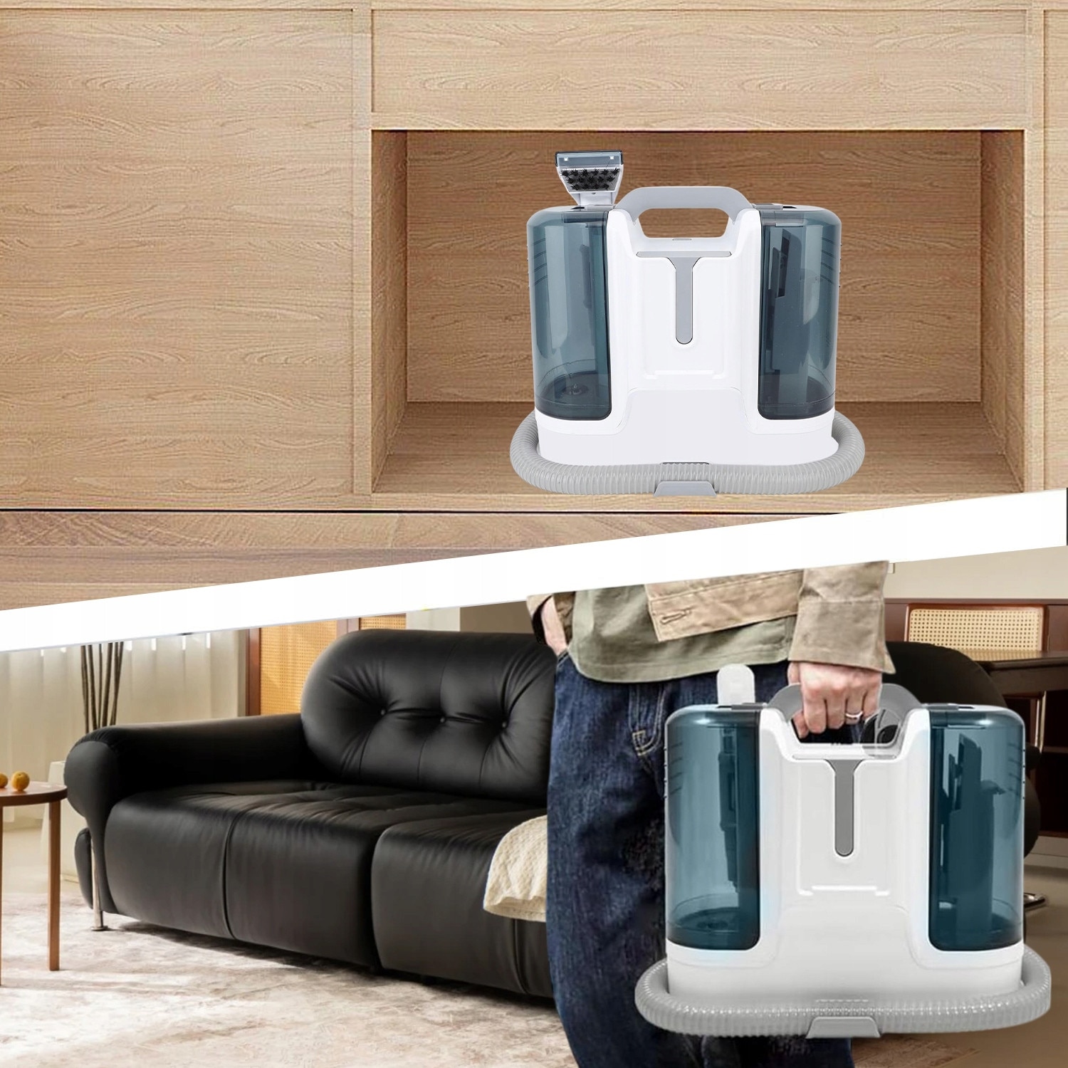 Aspirator pentru curatarea tapiteriei si covoarelor, 6 perii, 450W, 1,2m furtun, 1,8l apa curata, 0,6l apa murdara