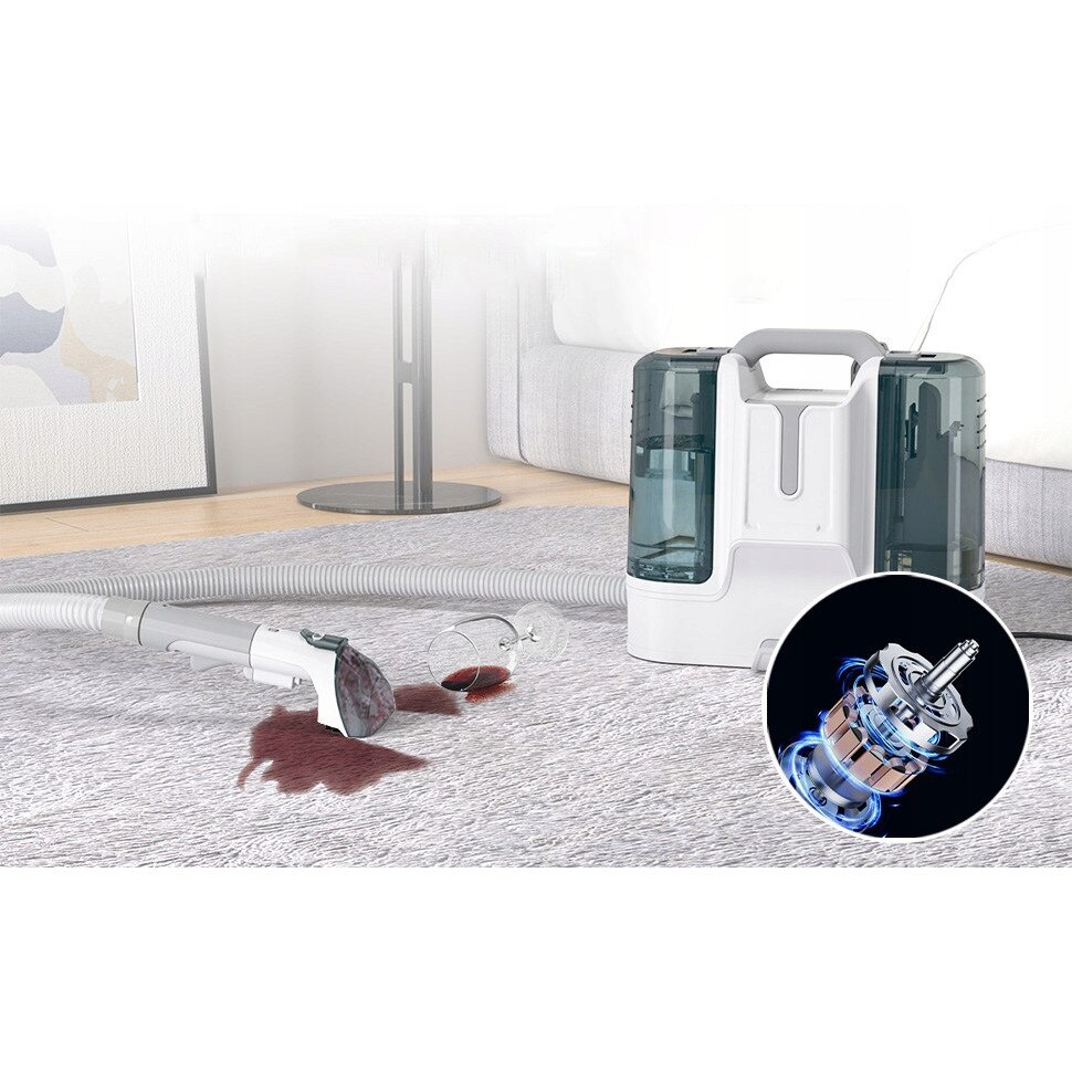 Aspirator pentru curatarea tapiteriei si covoarelor, 6 perii, 450W, 1,2m furtun, 1,8l apa curata, 0,6l apa murdara