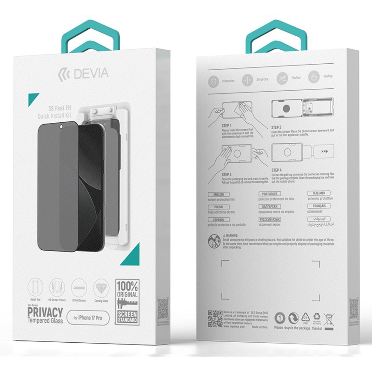 Folie Sticla Privacy premium cu aplicator inclus Devia Van Series, Full Screen, compatibila cu iPhone 17 Pro