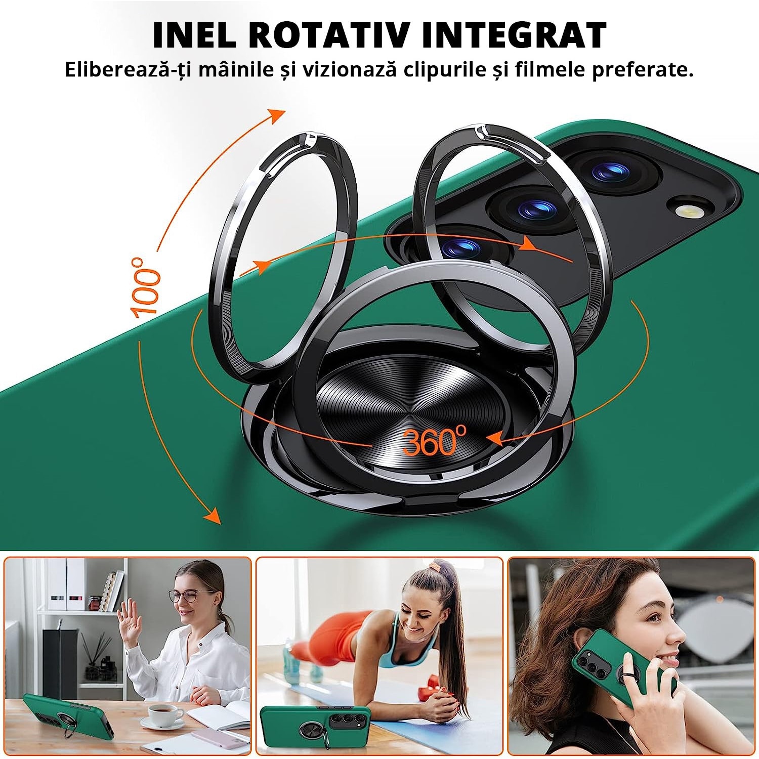 Husa de protectie pentru Samsung Galaxy S23 Plus, Hybrid Antisoc, Kickstand, Bumper inel rotativ 360, Green
