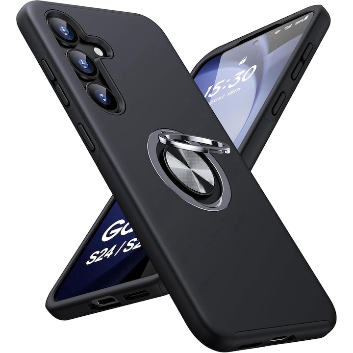 Husa de protectie pentru Samsung Galaxy S25, Hybrid Antisoc, Kickstand, Bumper inel rotativ 360, Black