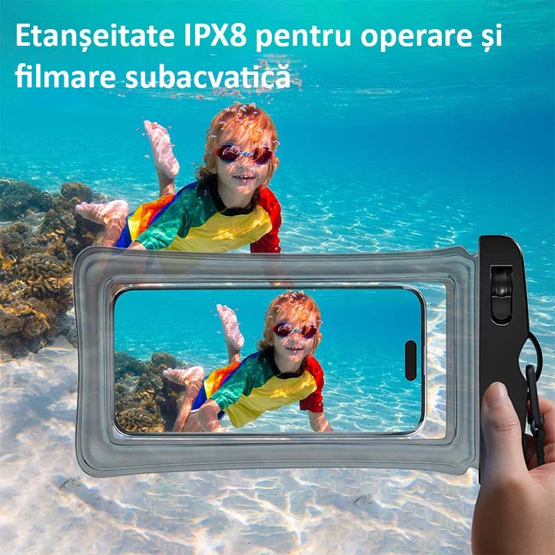 Set 2 husa subacvatica plutitoare, material TPU HD, ecran tactil, rezistenta, protectie IPX8, compatibila telefoane sub 7 toli, esentiala pentru croaziere, barci si plaje, negru/alb