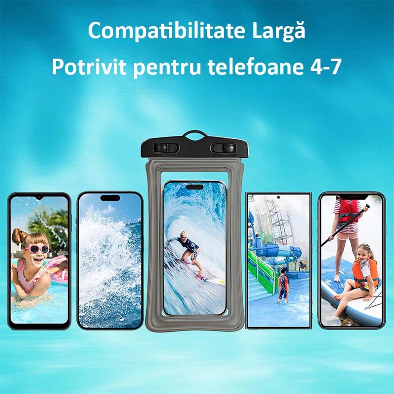 Set 2 husa subacvatica plutitoare, material TPU HD, ecran tactil, rezistenta, protectie IPX8, compatibila telefoane sub 7 toli, esentiala pentru croaziere, barci si plaje, negru/alb