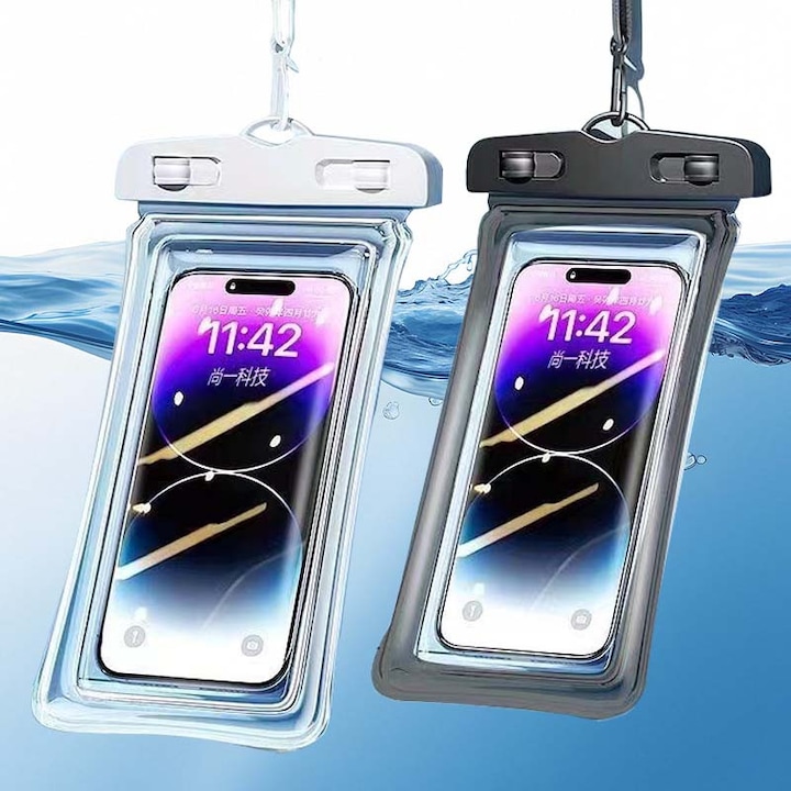 Set 2 husa subacvatica plutitoare, material TPU HD, ecran tactil, rezistenta, protectie IPX8, compatibila telefoane sub 7 toli, esentiala pentru croaziere, barci si plaje, negru/alb