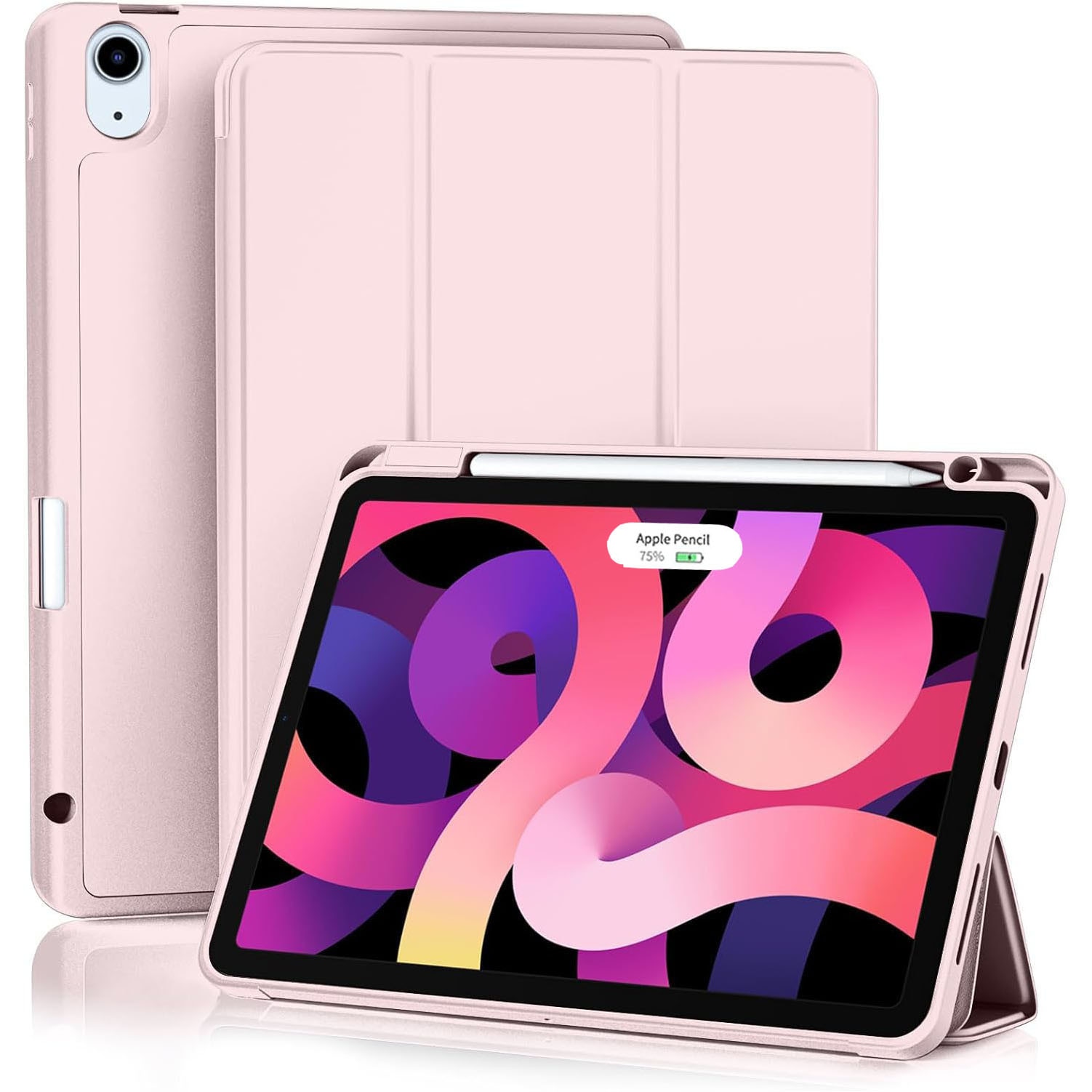 Husa de protectie pentru tableta, potrivita pentru iPad Air 11-inch M2 2024, Air 4 si 5 si 6 generatii, functie automata trezire/sleep, cu tava pentru stilouri, Roz