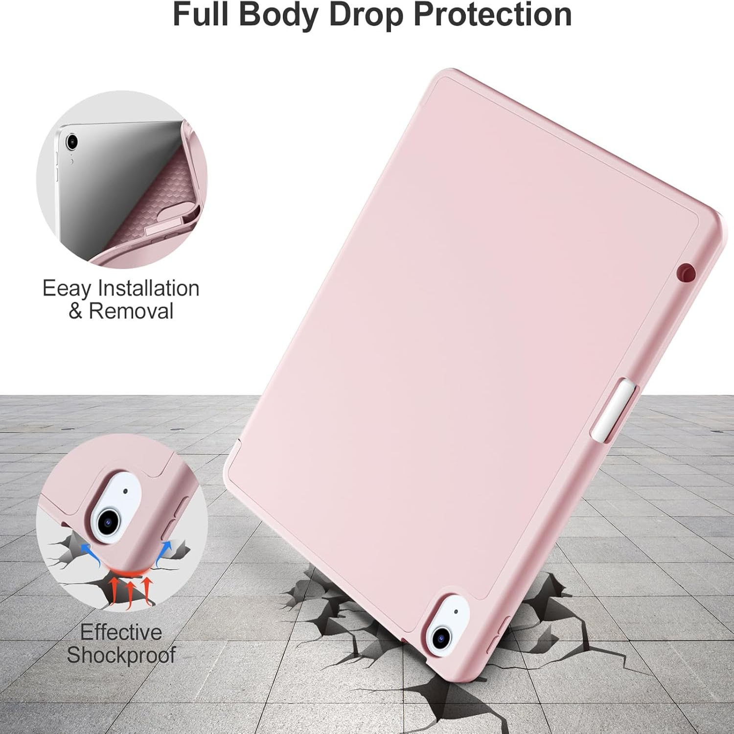 Husa de protectie pentru tableta, potrivita pentru iPad Air 11-inch M2 2024, Air 4 si 5 si 6 generatii, functie automata trezire/sleep, cu tava pentru stilouri, Roz