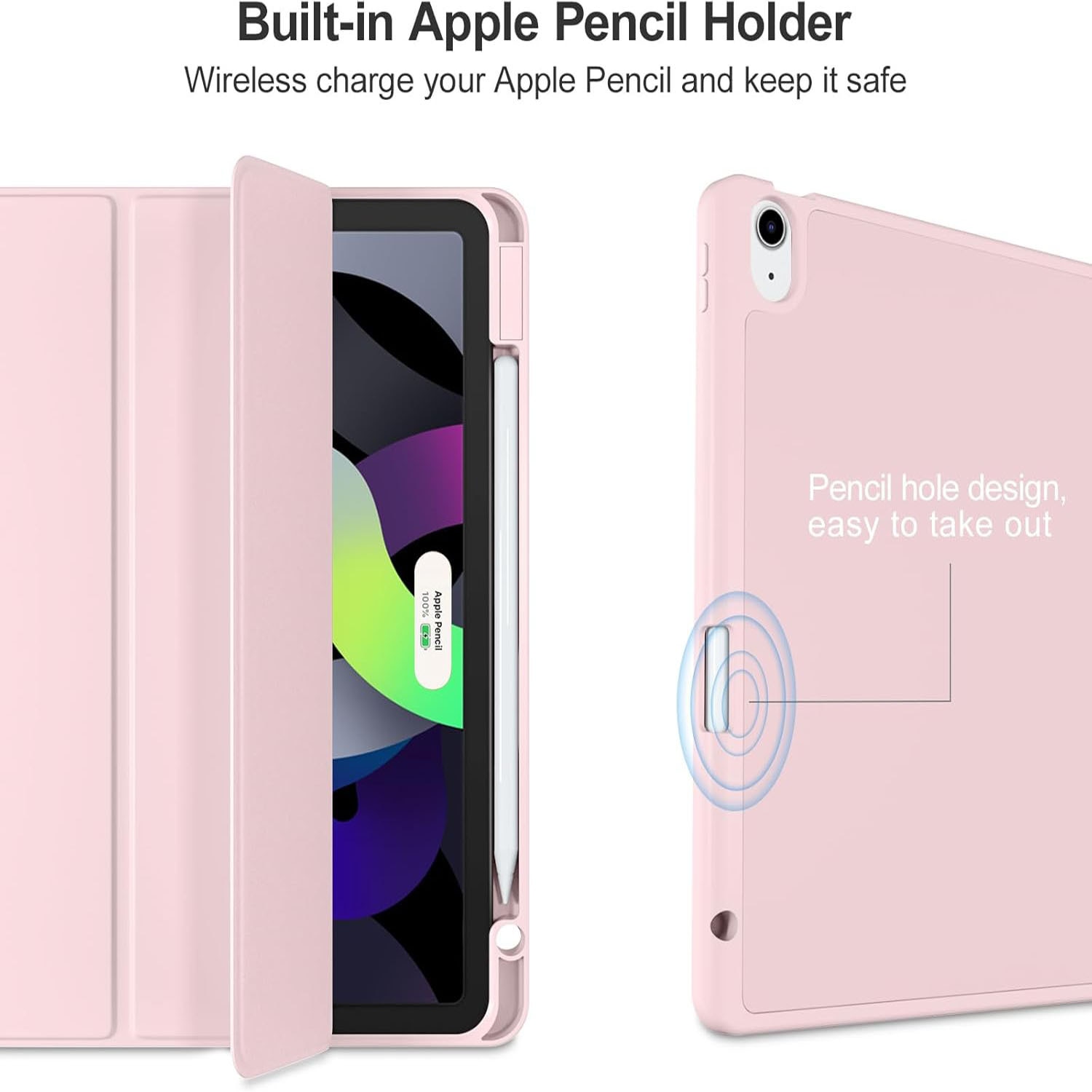Husa de protectie pentru tableta, potrivita pentru iPad Air 11-inch M2 2024, Air 4 si 5 si 6 generatii, functie automata trezire/sleep, cu tava pentru stilouri, Roz