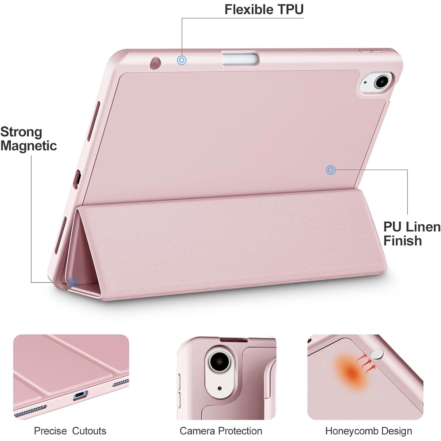 Husa de protectie pentru tableta, potrivita pentru iPad Air 11-inch M2 2024, Air 4 si 5 si 6 generatii, functie automata trezire/sleep, cu tava pentru stilouri, Roz