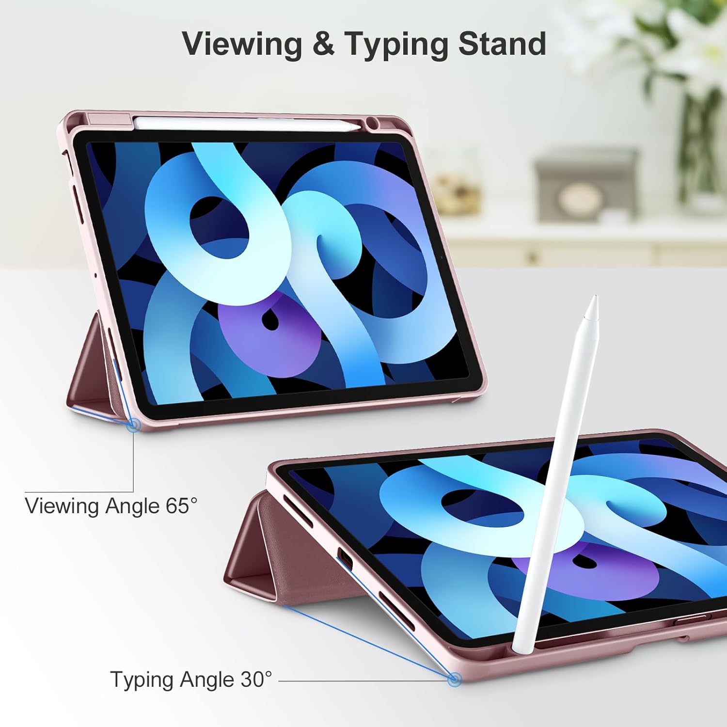 Husa de protectie pentru tableta, potrivita pentru iPad Air 11-inch M2 2024, Air 4 si 5 si 6 generatii, functie automata trezire/sleep, cu tava pentru stilouri, Roz