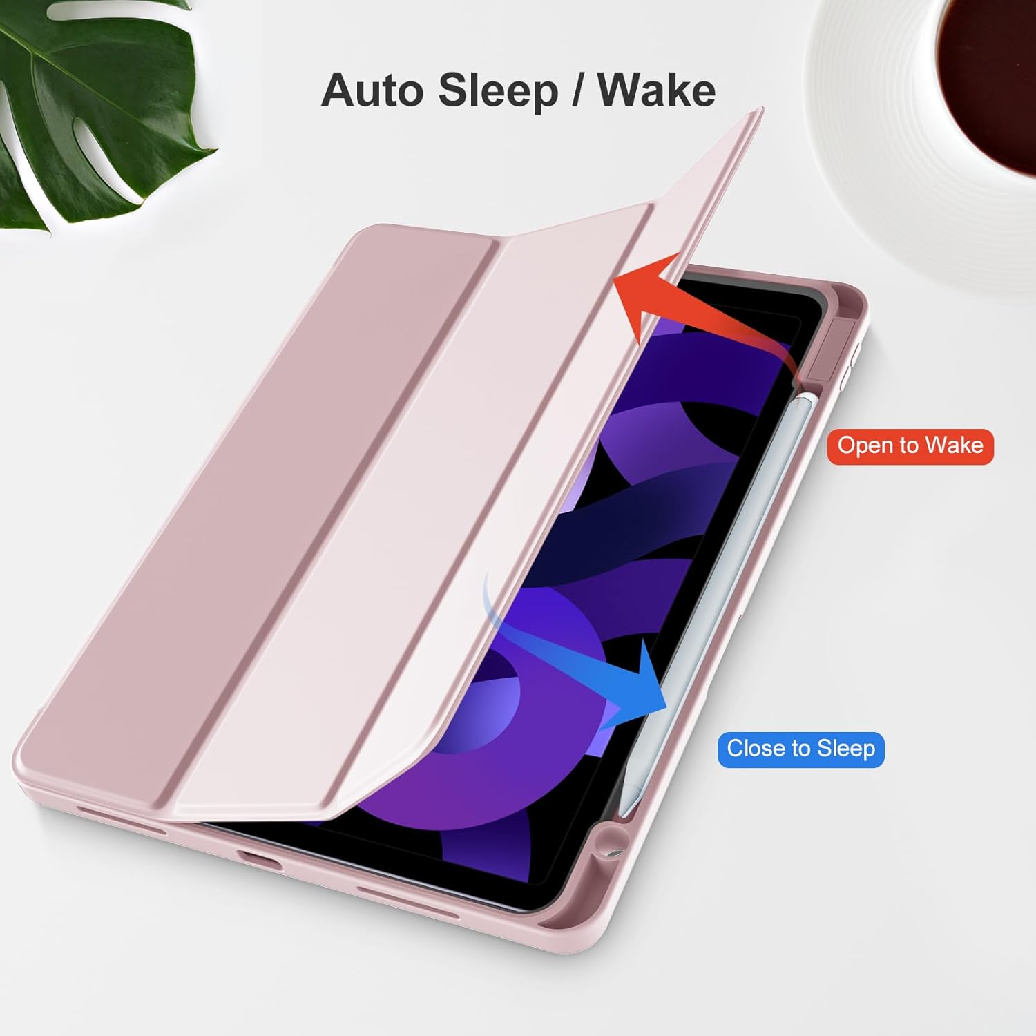 Husa de protectie pentru tableta, potrivita pentru iPad Air 11-inch M2 2024, Air 4 si 5 si 6 generatii, functie automata trezire/sleep, cu tava pentru stilouri, Roz