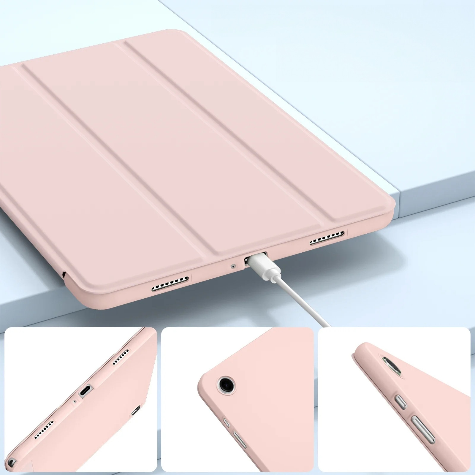 Etui Tri-fold pentru Samsung Galaxy Tab A11+, roz, protectie 360, material PU si silicon