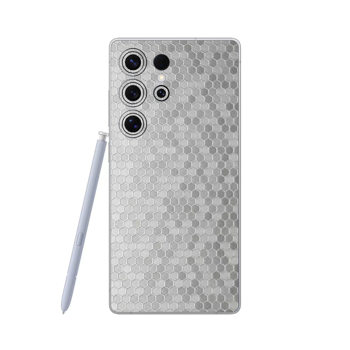 Folie iSkinz pentru Samsung Galaxy S25 Ultra - Honeycomb Argintiu Silver, Split Cut, Skin Adeziv Full Cover, Protectie Carcasa Spate si Laterale