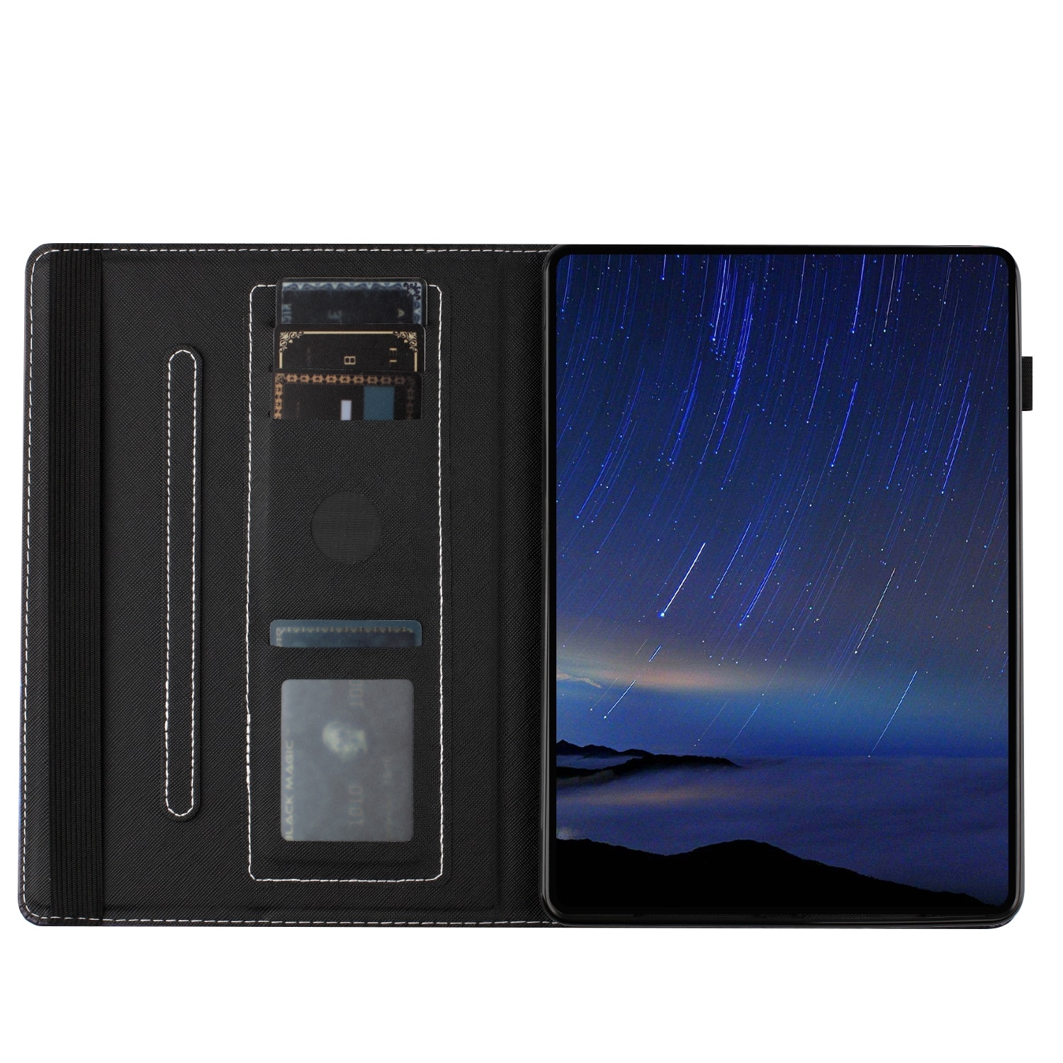 Husa tableta pentru Huawei MediaPad T3 10, piele eco cu textura de lichita, tip carte cu cusatura, inchidere magnetica, stand, compatibil cu modele 10 inch, culoare negru