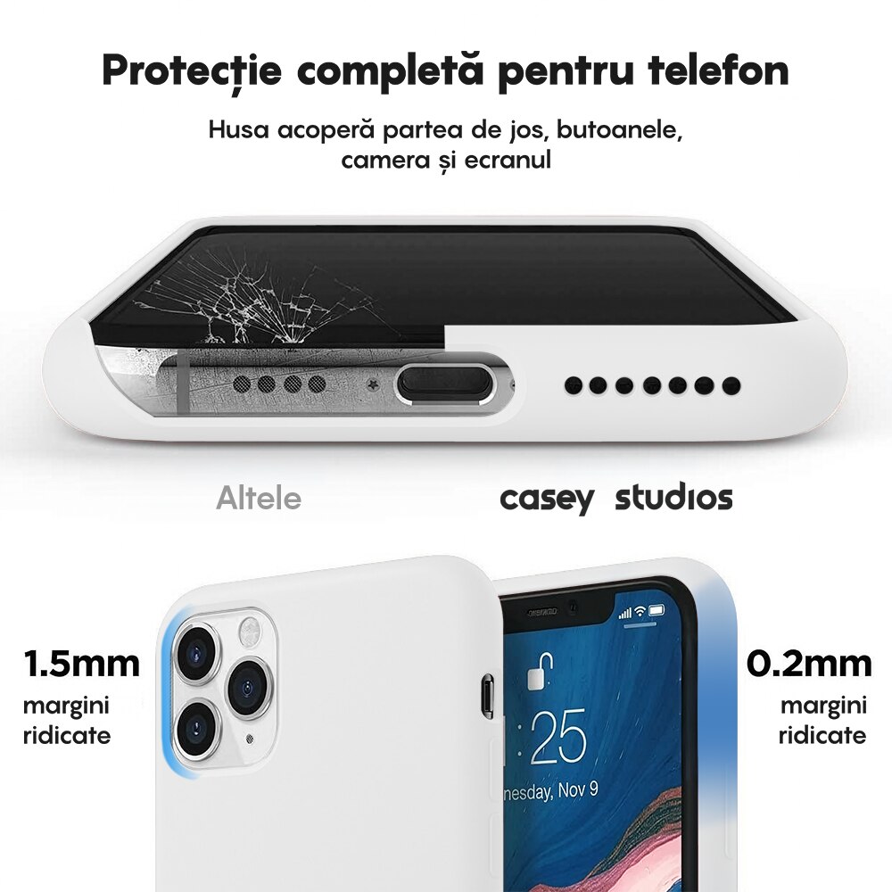 Husa CASEY STUDIOS™ compatibila cu iPhone 11 Pro Max, Soft Silicone Premium, Microfibra in Interior, Alb, de Protectie, Ultra Slim, pentru Incarcare Wireless, Margini Ridicate de Protectia Ecranului si a Camerelor