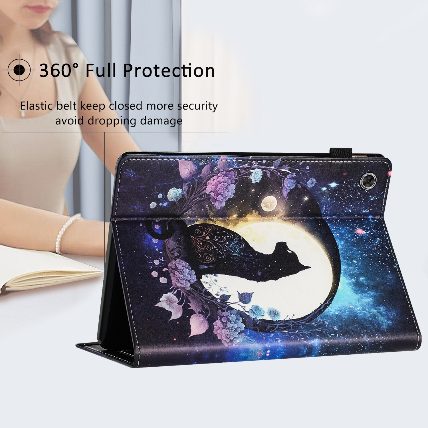 Husa tableta pentru Lenovo Tab M10 Plus 3rd Gen, piele ecologica texturata, tip smart cu cusaturi, inchidere magnetica, suport pentru vizionare, compatibil cu modelele Tab M10 Plus 3rd Gen, culor cu model de pisica
