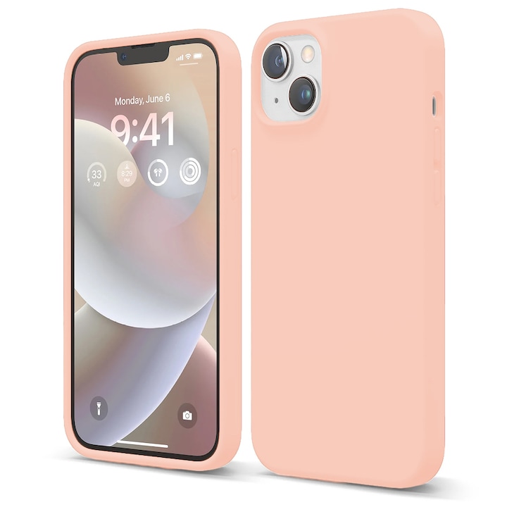 Husa CASEY STUDIOS™ compatibila cu iPhone 14 Plus, Soft Silicone Premium, Microfibra in Interior, Pink Sand, de Protectie, Ultra Slim, pentru Incarcare Wireless, Margini Ridicate de Protectia Ecranului si a Camerelor
