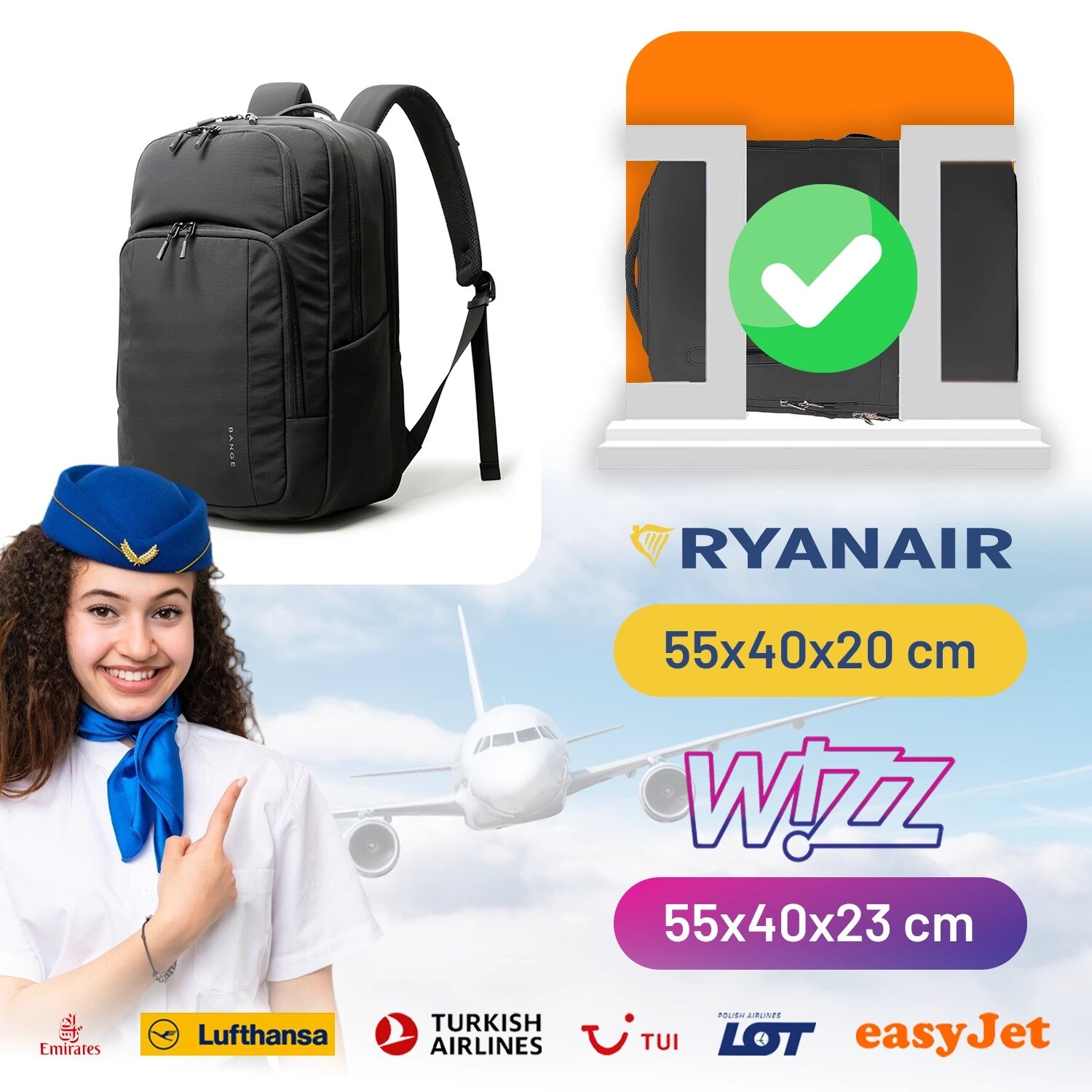 Rucsac laptop Bange 23L, impermeabil, pentru laptop 16,4", cu sistem BioAir, negru, 46x29x18cm