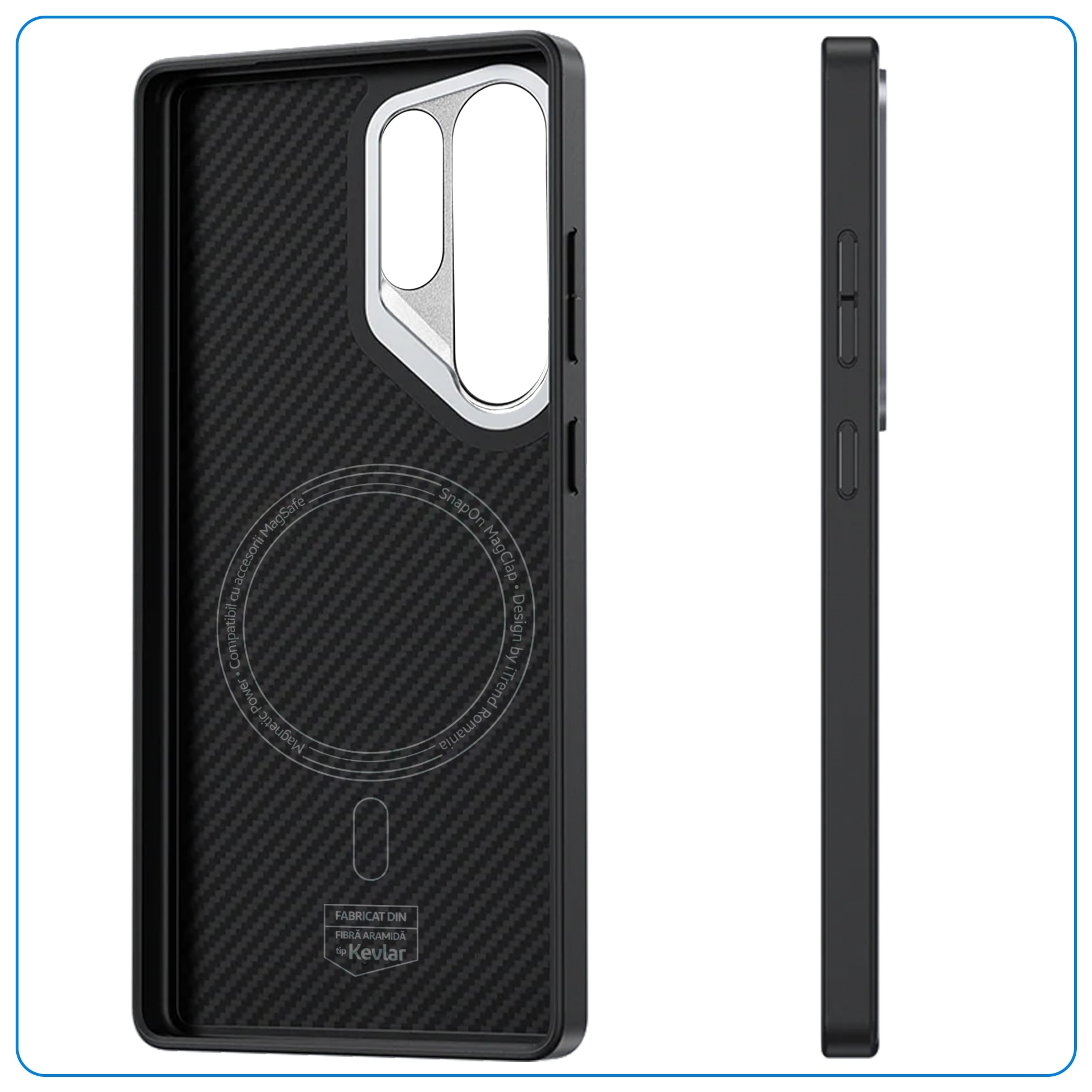 Husa Armor pentru Samsung S25 Ultra, cu incarcare Wireless, din Fibra de Aramida, tip Kevlar - Carbon, material mat, anti-amprente, 600D, SnapOn Clip, Gekko™, Neagra