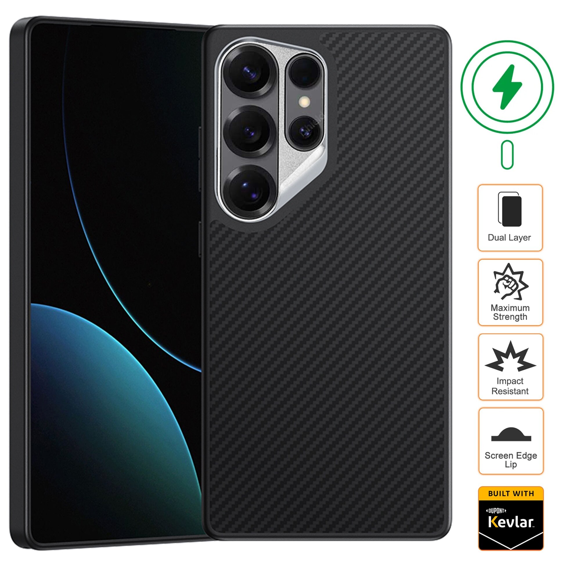 Husa Armor pentru Samsung S25 Ultra, cu incarcare Wireless, din Fibra de Aramida, tip Kevlar - Carbon, material mat, anti-amprente, 600D, SnapOn Clip, Gekko™, Neagra